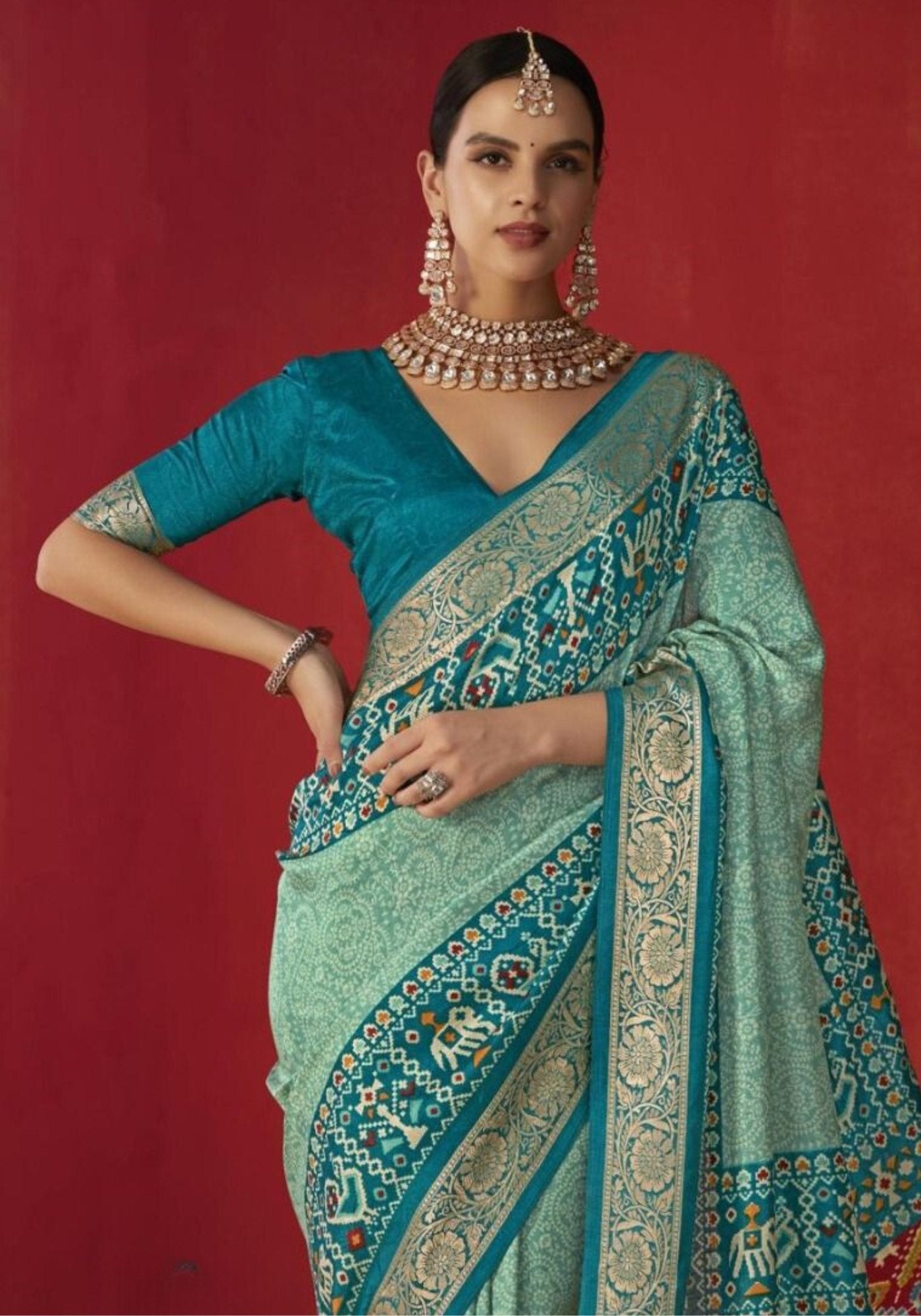 Buy MySilkLove Cutty Sark Blue Green Printed Tussar Silk Saree Online