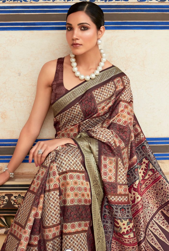 MySilkLove Syrup Brown Banarasi Printed Silk Saree