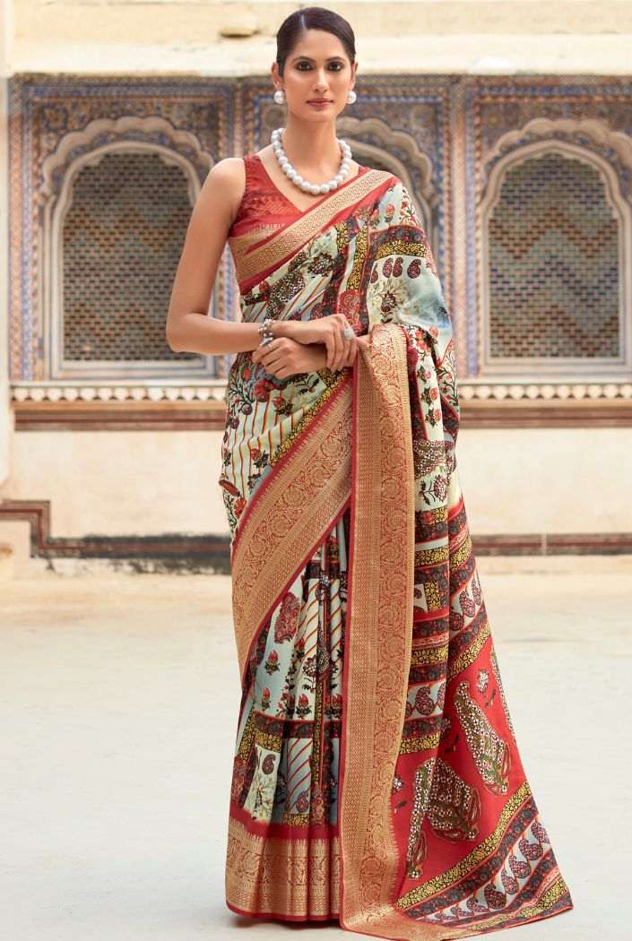 Buy MySilkLove Multicolor Blue Banarasi Printed Silk Saree Online