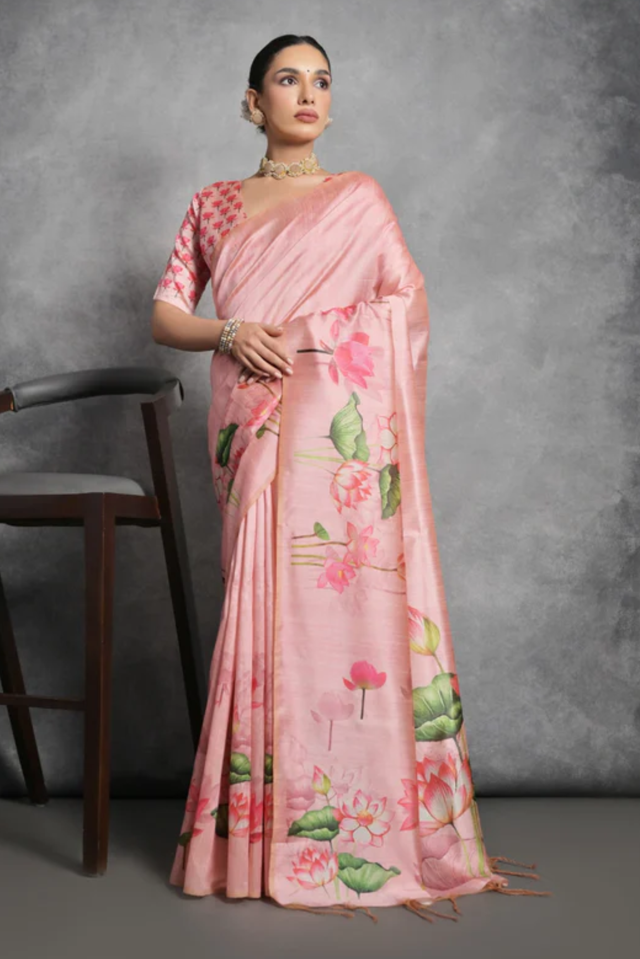 MySilkLove Oriental Pink Floral Printed Tussar Silk Saree