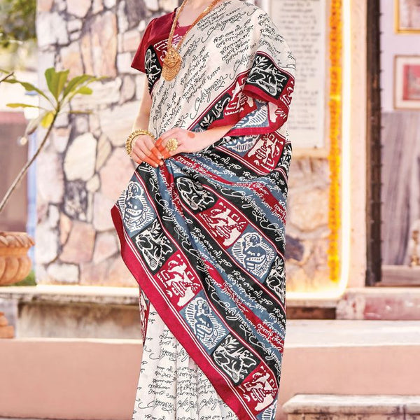 Mahashivratri Special : White Bhagalpuri Print Saree – MySilkLove