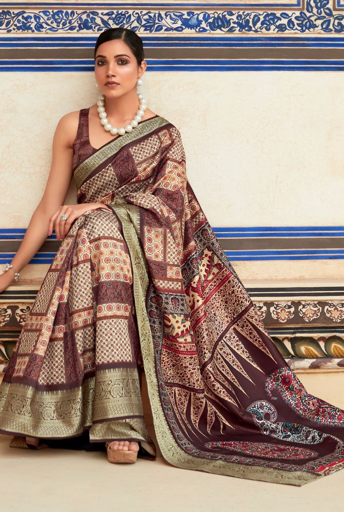 Buy MySilkLove Syrup Brown Banarasi Printed Silk Saree Online