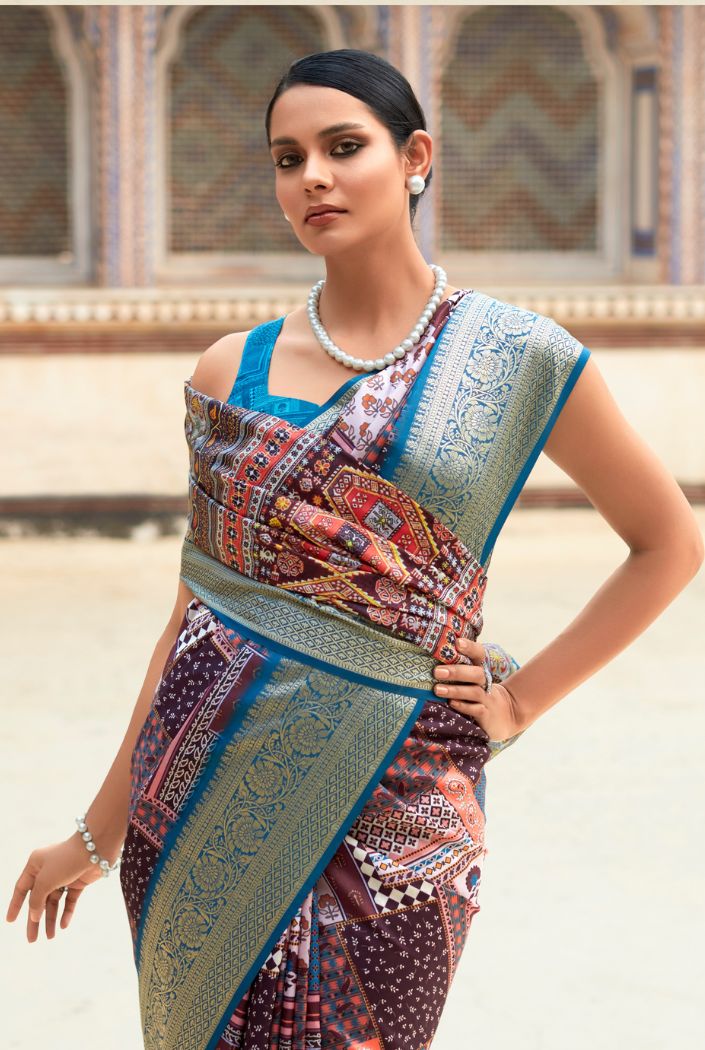 MySilkLove Ming Blue and Pink Banarasi Printed Silk Saree