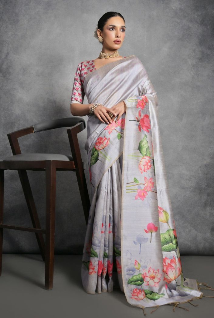 MySilkLove Pale Slate Grey Floral Printed Tussar Silk Saree