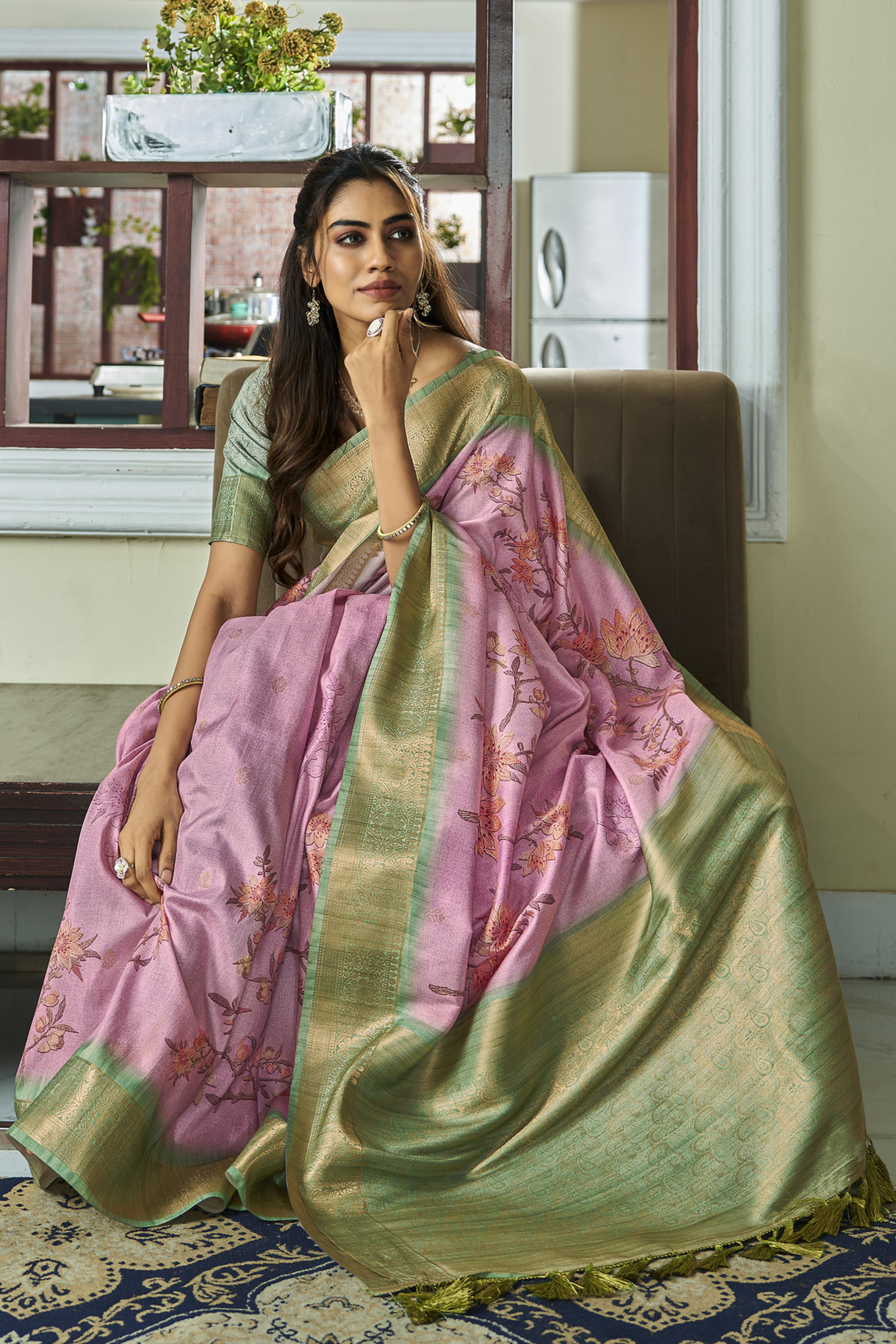Buy MySilkLove Careys Pink Banarasi Digital Printed Soft Silk Saree Online