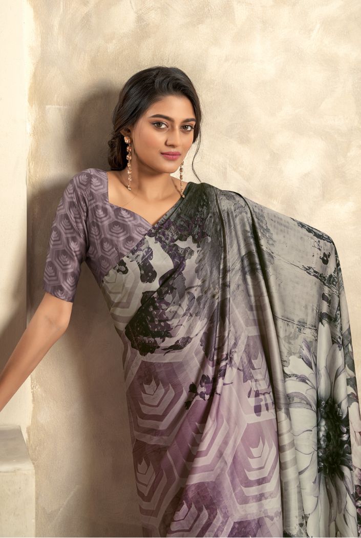 MySilkLove Mauve Purple and Grey Printed Satin Silk Saree