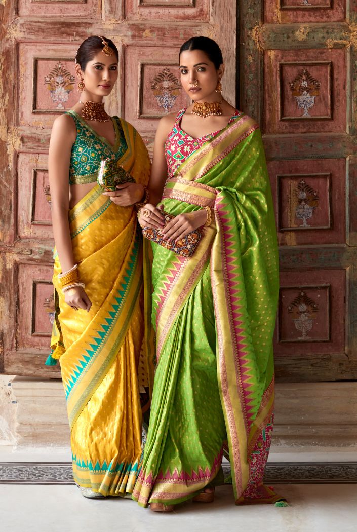 Saffron Yellow Designer Raw Silk Saree – Ethnos