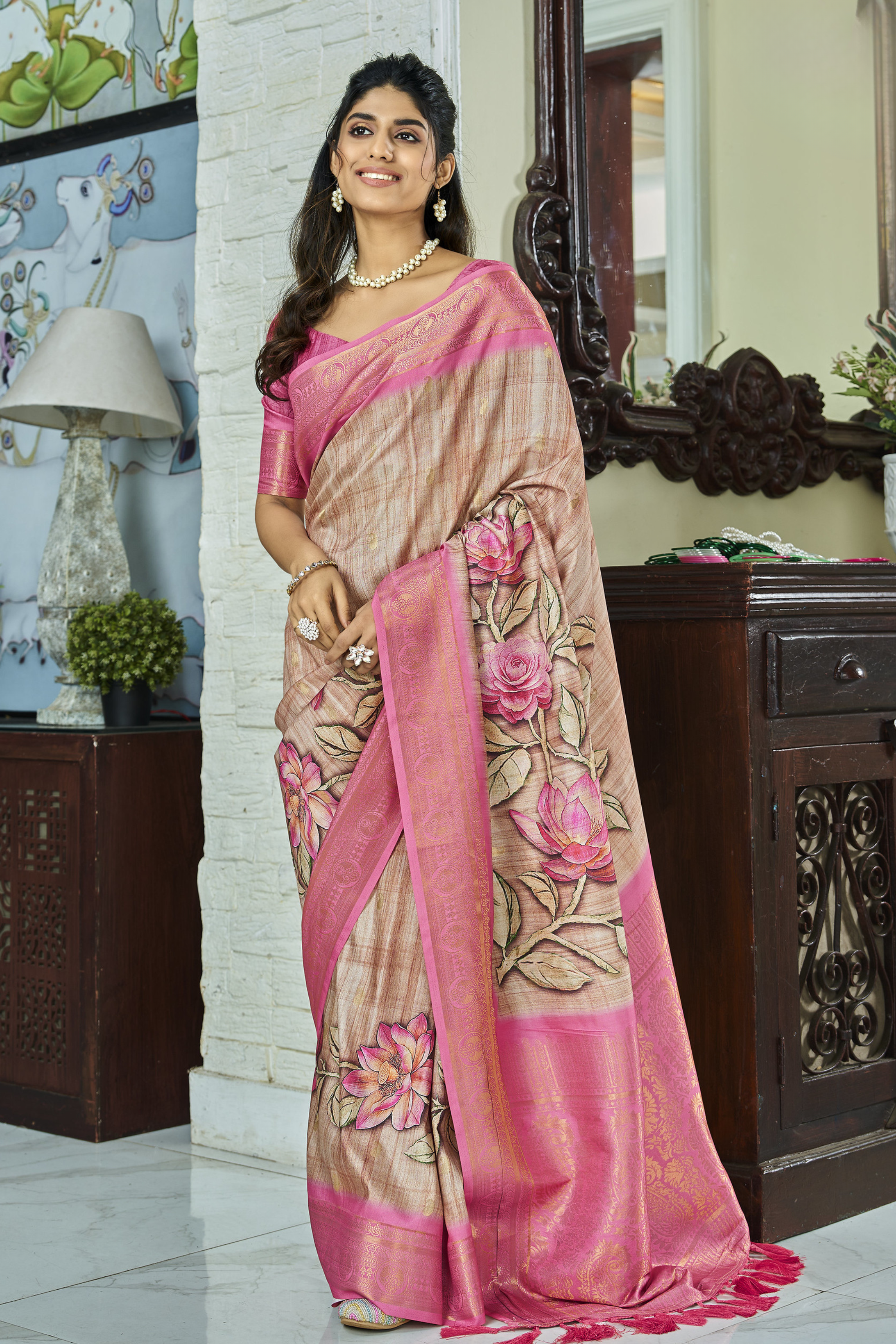 Buy MySilkLove Mongoose Brown and Pink Banarasi Digital Printed Soft Silk Saree Online
