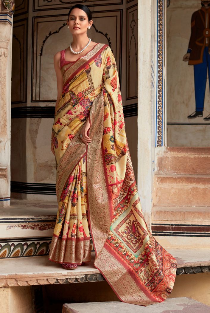 Buy MySilkLove Flesh Yellow Banarasi Printed Silk Saree Online