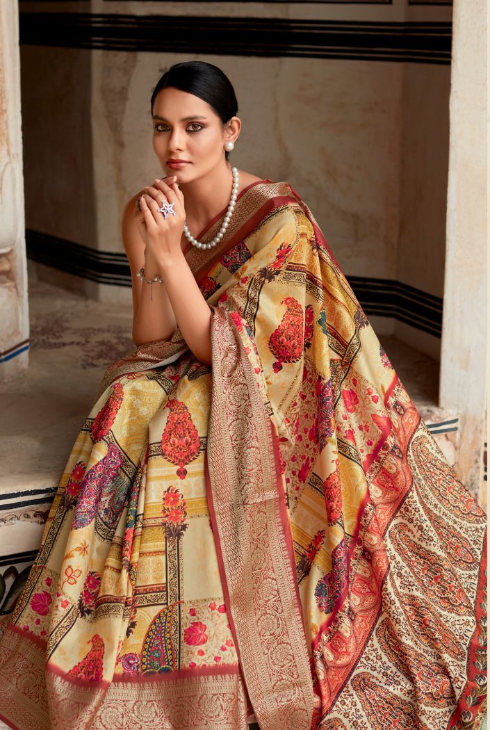 MySilkLove Flesh Yellow Banarasi Printed Silk Saree