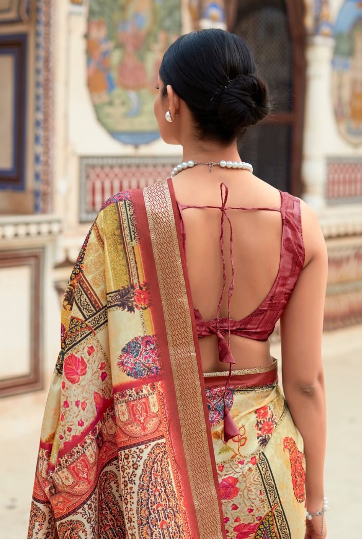 Buy MySilkLove Flesh Yellow Banarasi Printed Silk Saree Online