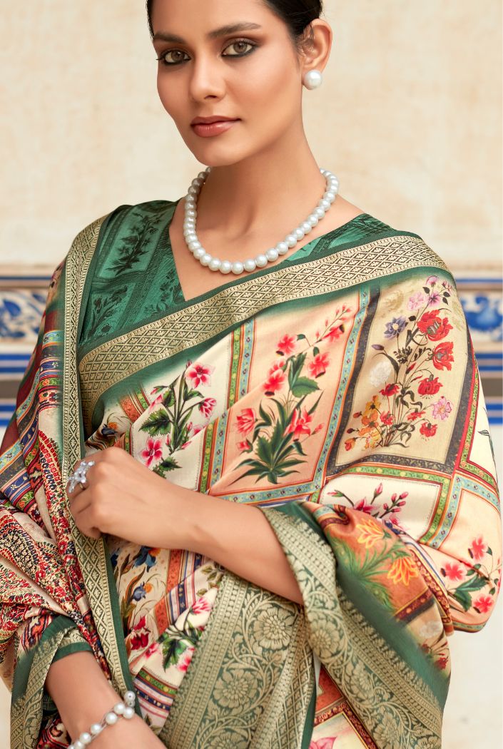 MySilkLove Fawn Green and Cream Banarasi Printed Silk Saree