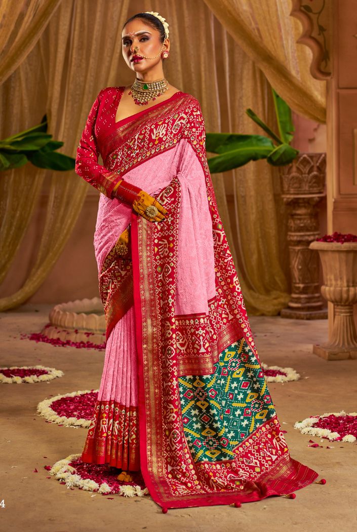 Chestnut Rose Pink Embroidery Chikankari Patola Handloom Saree