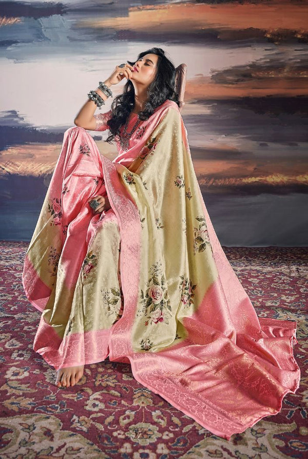 Yuma Cream and Pink Floral Digital Printed Saree