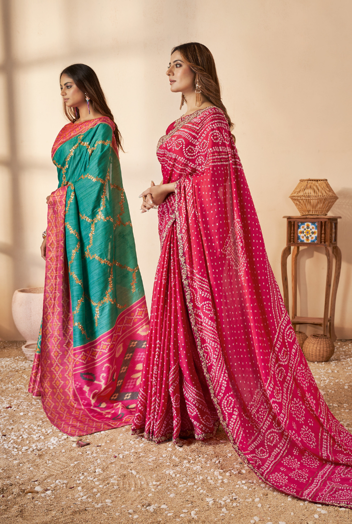 Buy MySilkLove Aqua Deep Green and Pink Printed Banarasi Saree Online