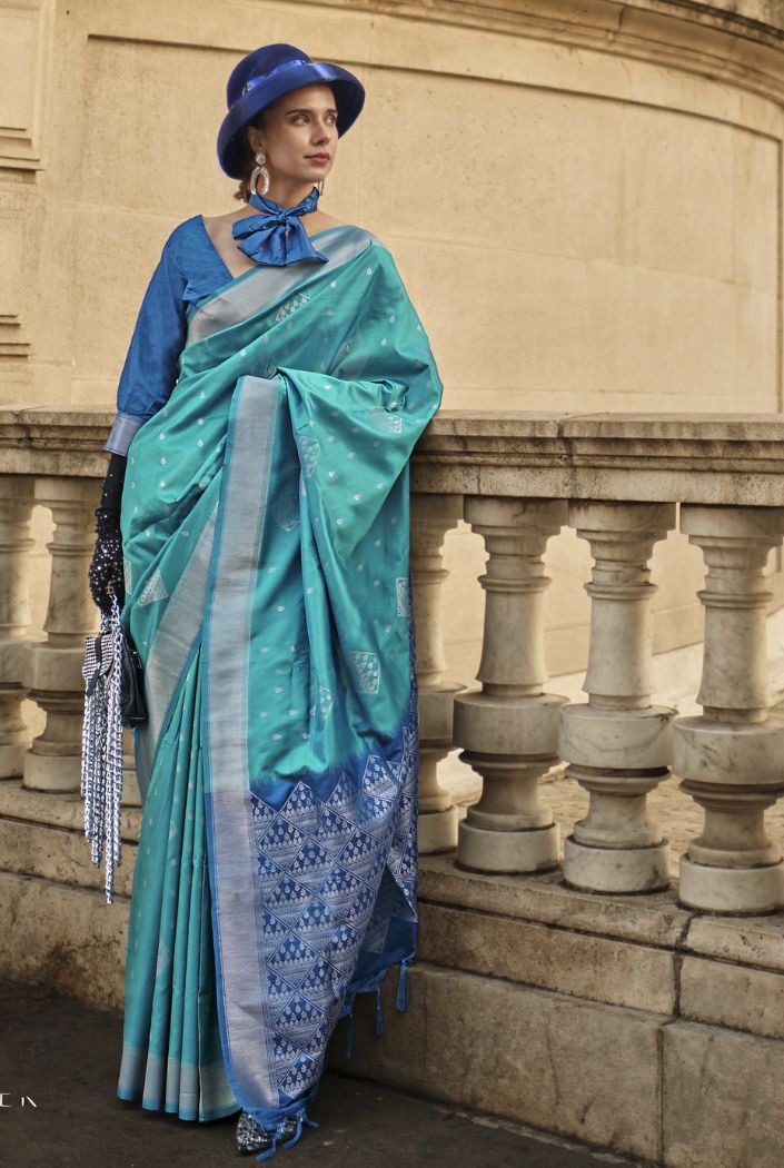 Buy MySilkLove Neptune Blue Banarasi Handloom Saree Online