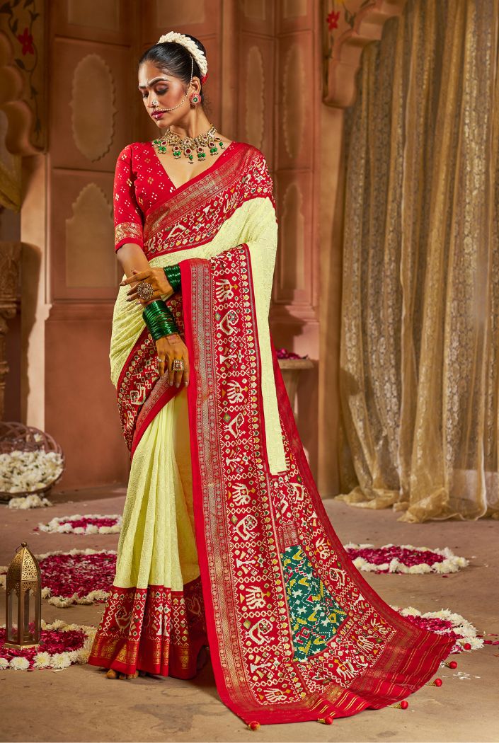 Buy MySilkLove Calico Yellow Embroidery Chikankari Patola Handloom Saree Online