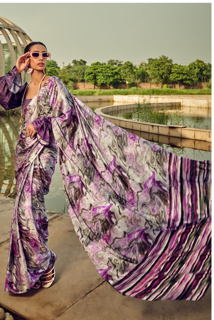 Buy MySilkLove Falcon Purple Digital Printed Satin Silk Saree Online