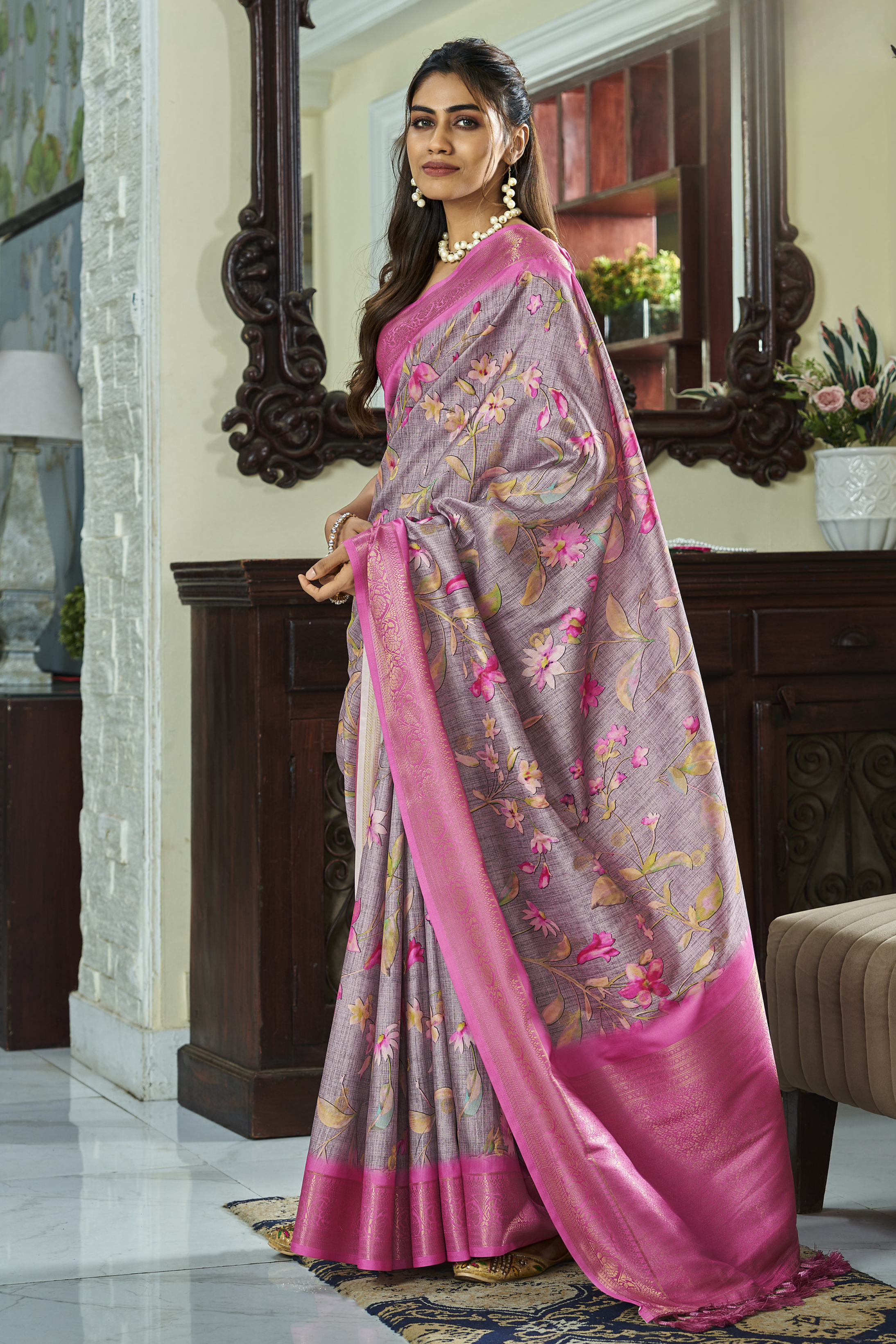 Buy MySilkLove Dusty Grey and Pink Banarasi Digital Printed Soft Silk Saree Online