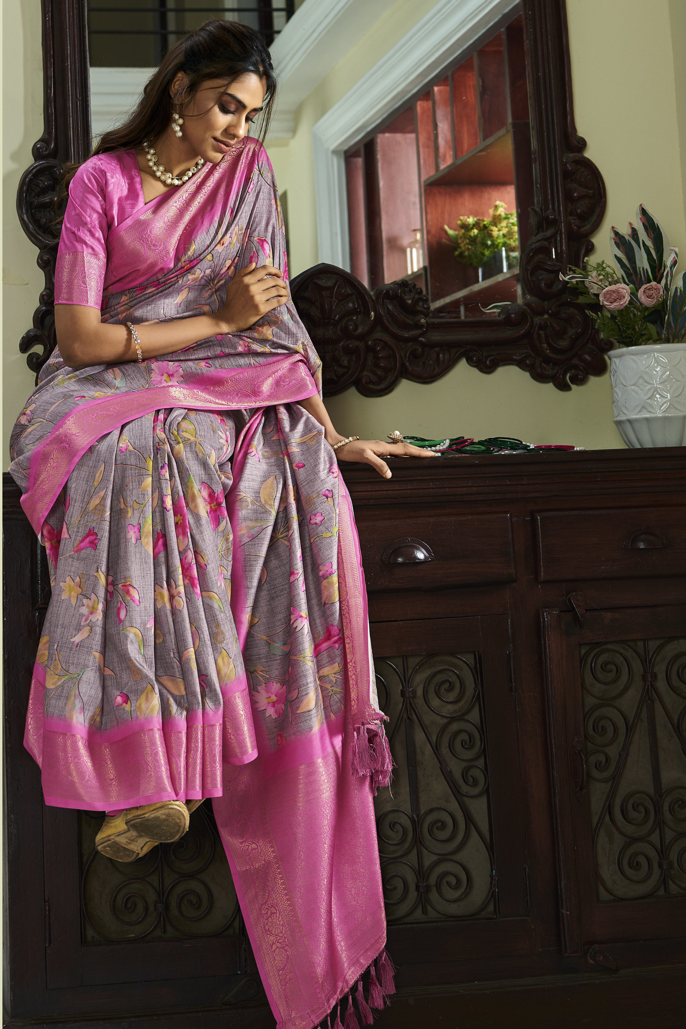 MySilkLove Dusty Grey and Pink Banarasi Digital Printed Soft Silk Saree