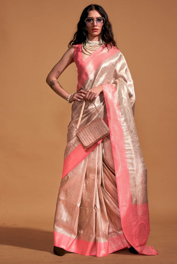 Old Lace Pink and Cream Woven Kanjivaram Silk Saree