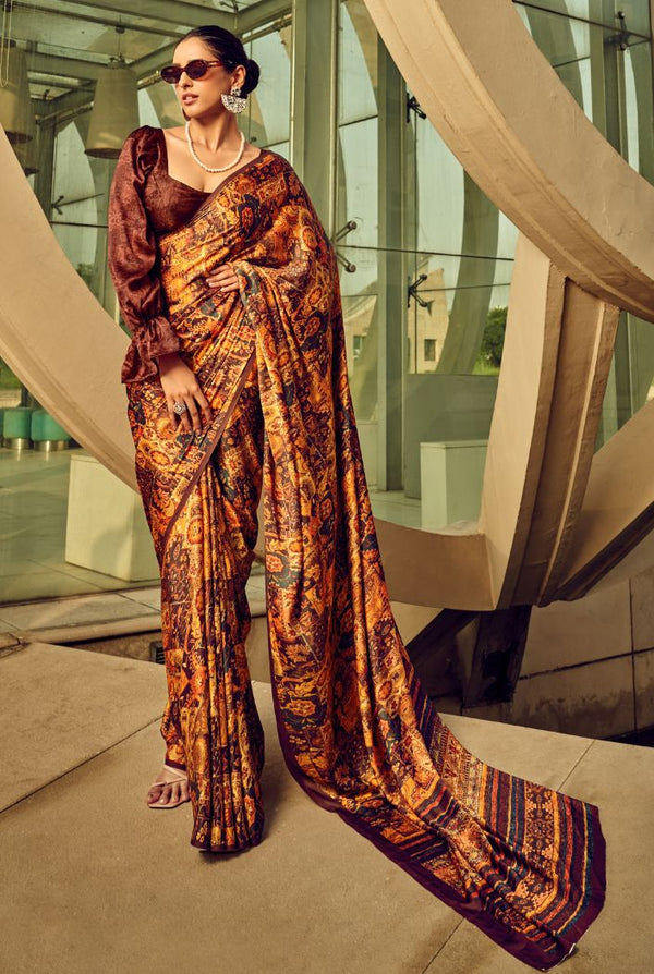 Chardonnay Brown and Orange Digital Printed Satin Silk Saree