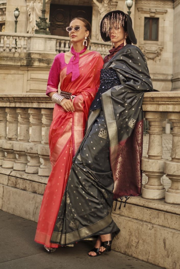 Buy MySilkLove Metal Grey Banarasi Handloom Saree Online