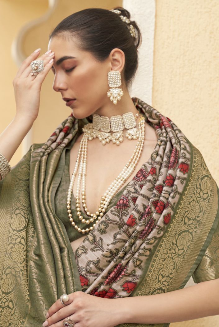 Buy MySilkLove Sage Green Digital Printed Tussar Silk Saree Online