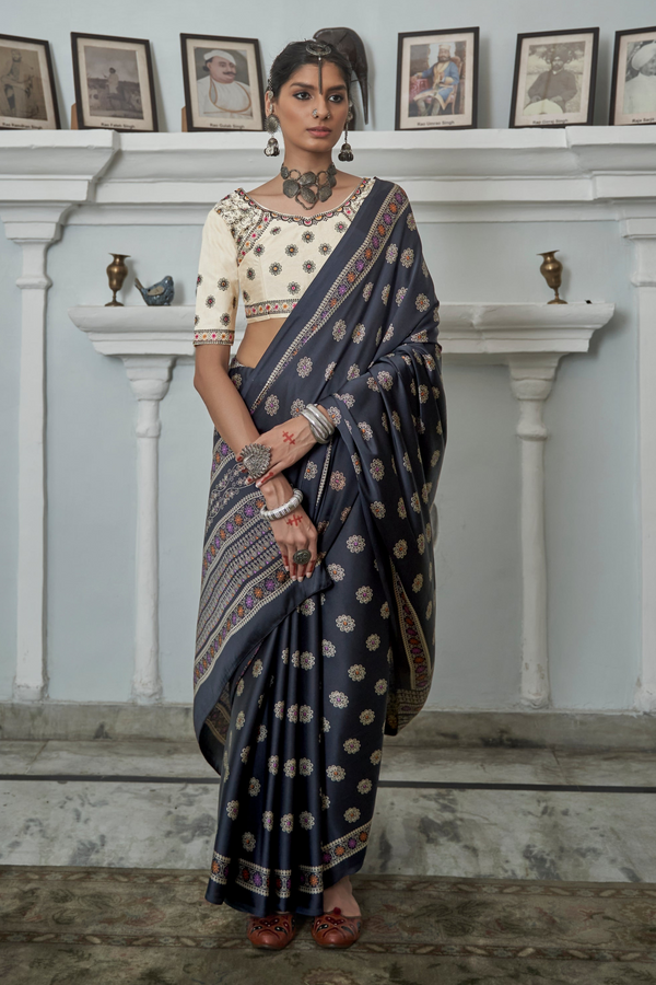 Ebony Clay Grey Gajji Silk Saree with embroidery blouse