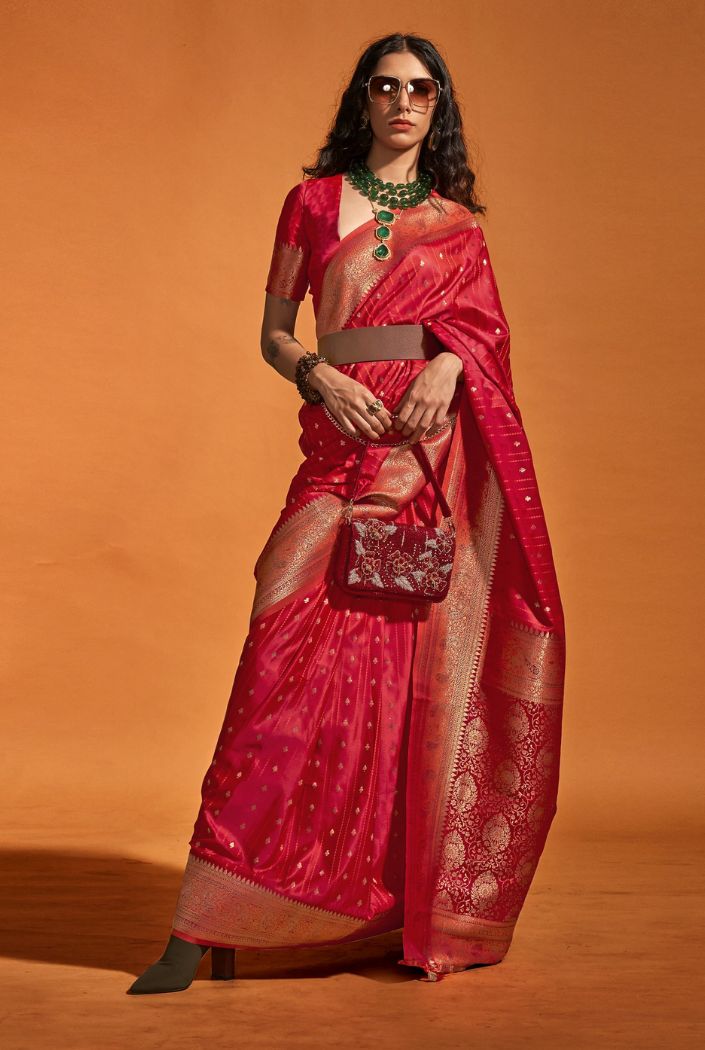 Buy MySilkLove Well Red Handloom Satin Silk Saree Online