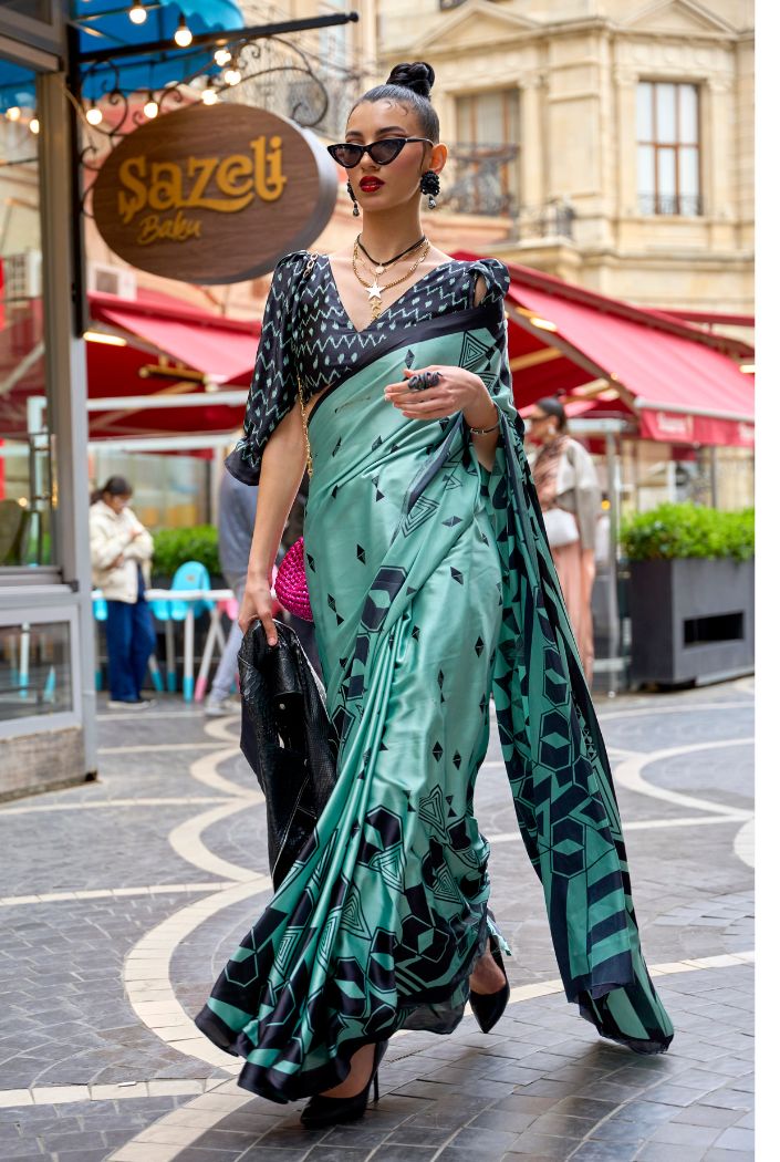 Buy MySilkLove Neptune Green Printed Satin Silk Saree Online