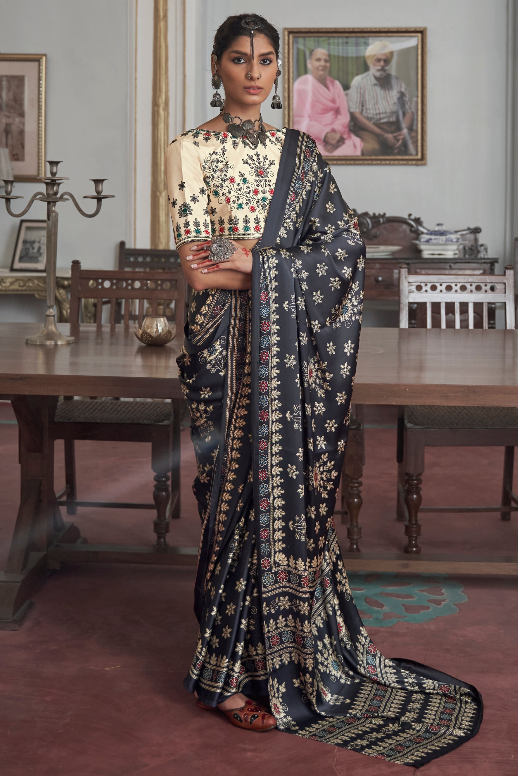 Buy MySilkLove Tuna Dark Grey Gajji Silk Saree with embroidery blouse Online