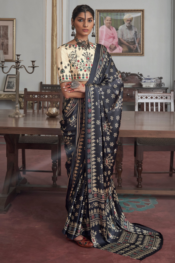 Tuna Dark Grey Gajji Silk Saree with embroidery blouse