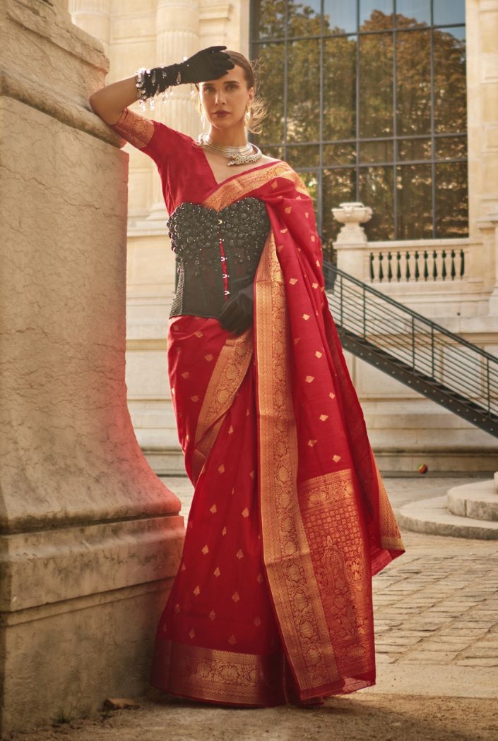 Buy MySilkLove Tall Poppy Red Banarasi Handloom Khadi Silk Saree Online