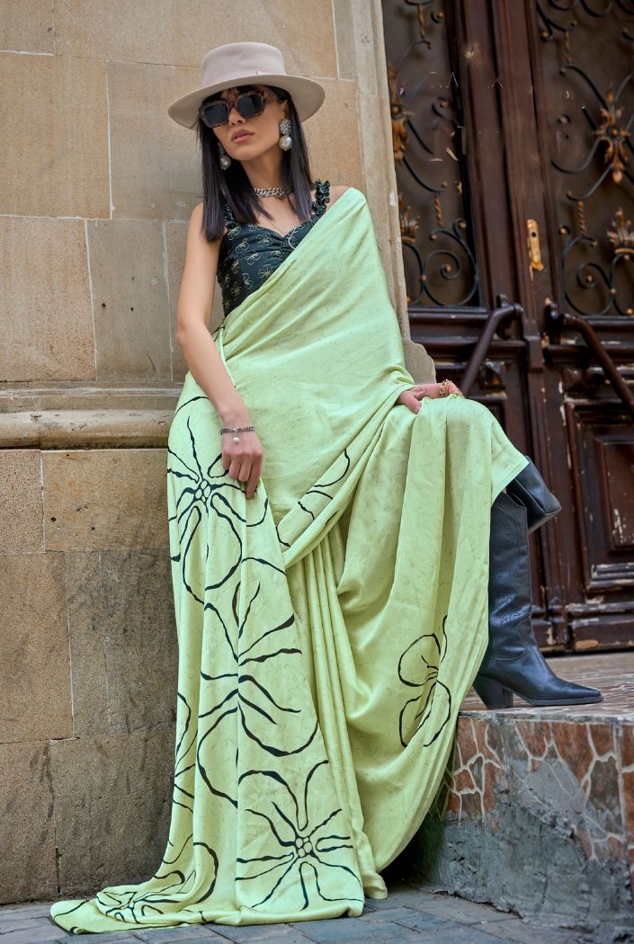 Buy MySilkLove Pixie Green Printed Satin Silk Saree Online