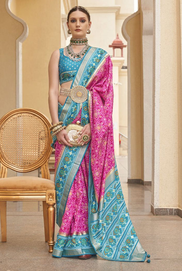 Mulberry Pink and Blue Printed Patola Silk Saree