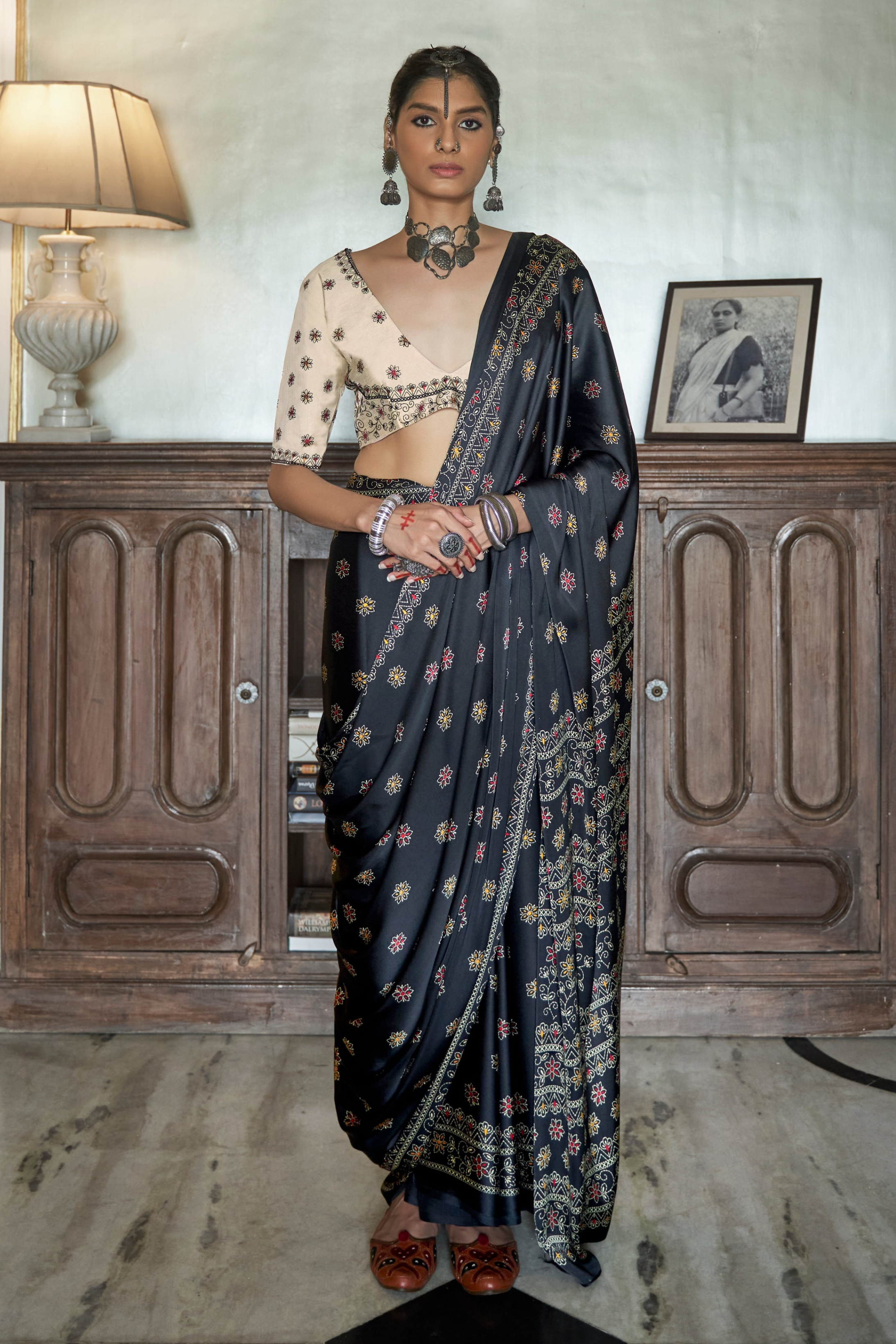 Buy MySilkLove Charade Black Gajji Silk Saree with embroidery blouse Online