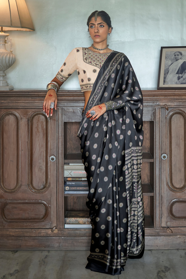 Shuttle Black Gajji Silk Saree with embroidery blouse
