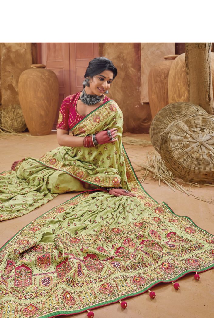 Buy MySilkLove Gold Fusion Green Embroidered Designer Kacchi Work Saree Online