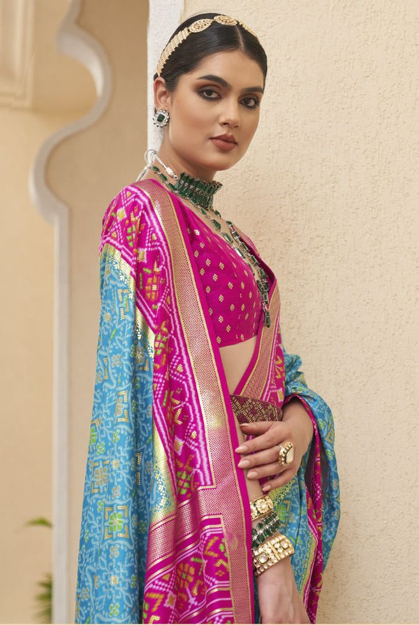 Ming Blue and Pink Printed Patola Silk Saree