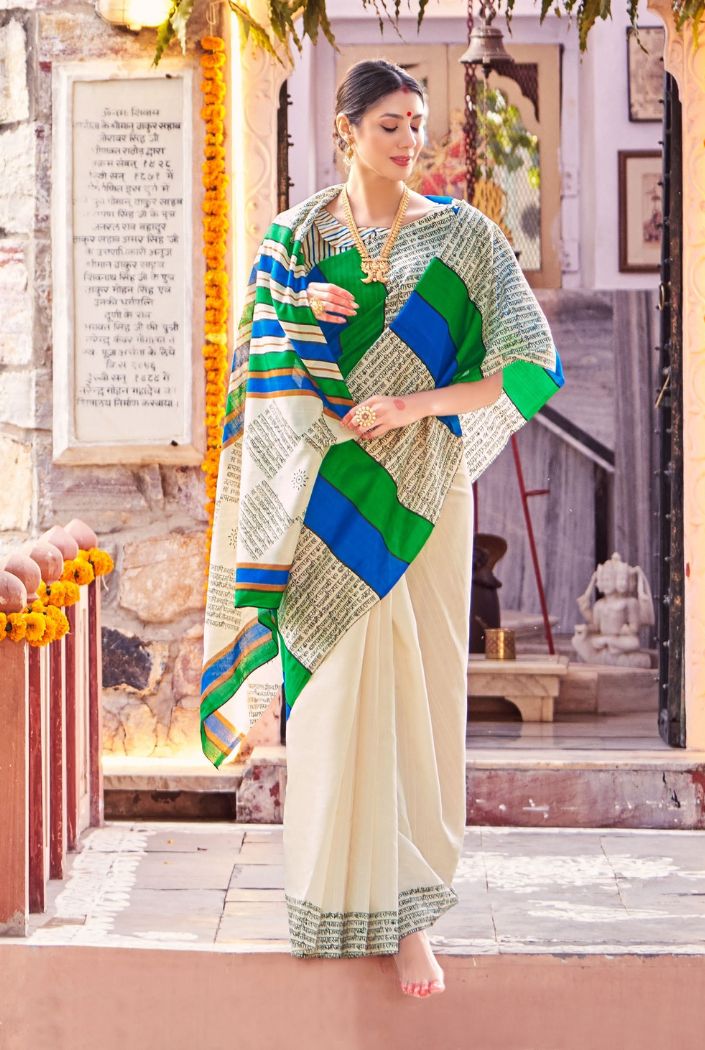 Buy MySilkLove Mahashivratri Special : Pearl White Bhagalpuri Print Saree Online