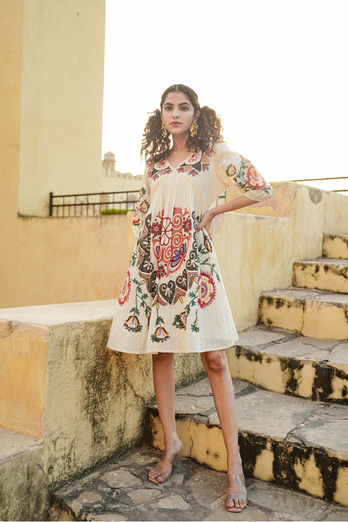 Ivory Pearl White Thread Handmade Embroidery Dress