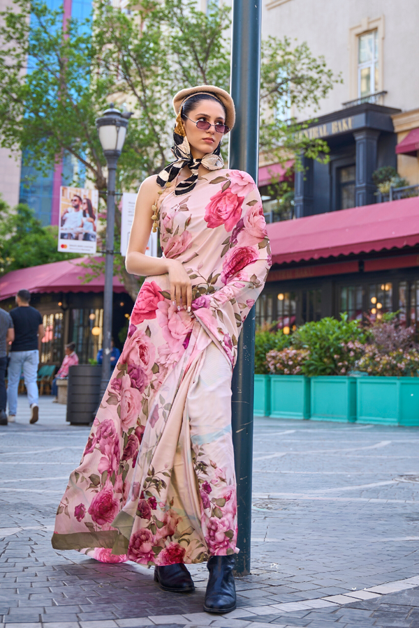 Roman Pink Printed Handloom Satin Saree