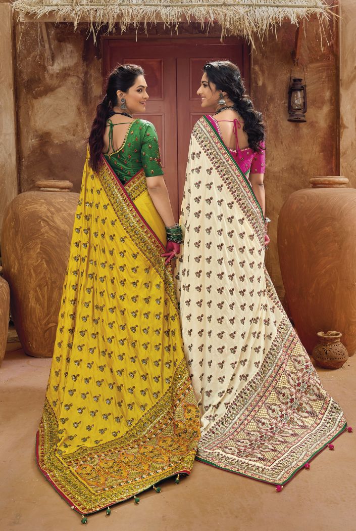 Buy MySilkLove Anzac Yellow and Green Embroidered Designer Kacchi Work Saree Online