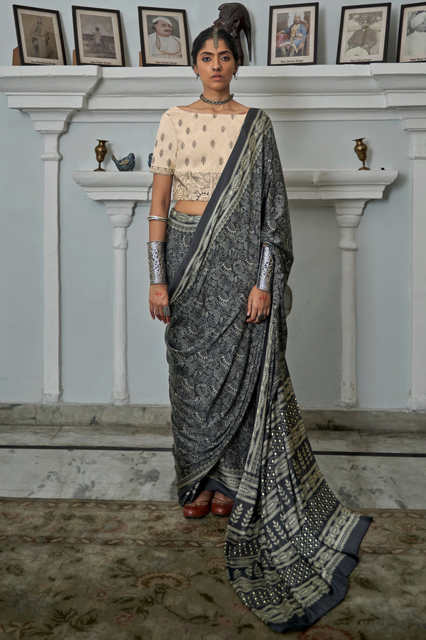 Lunar Grey Gajji Silk Saree with embroidery blouse