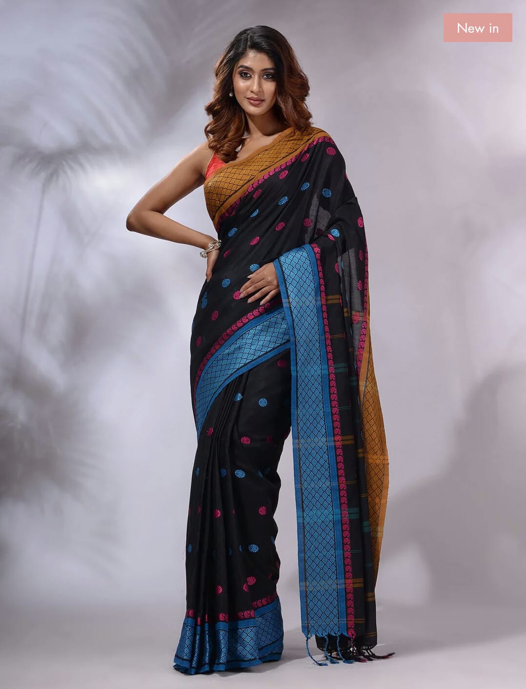 Buy MySilkLove Thunder Black Pure cotton jackqurd border Saree Online