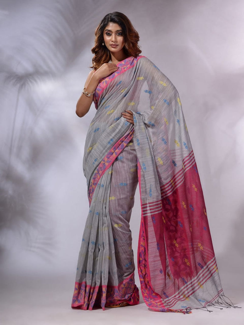 Grey pink handloom cotton tissue with jacquard border bengal saree – GoCoop