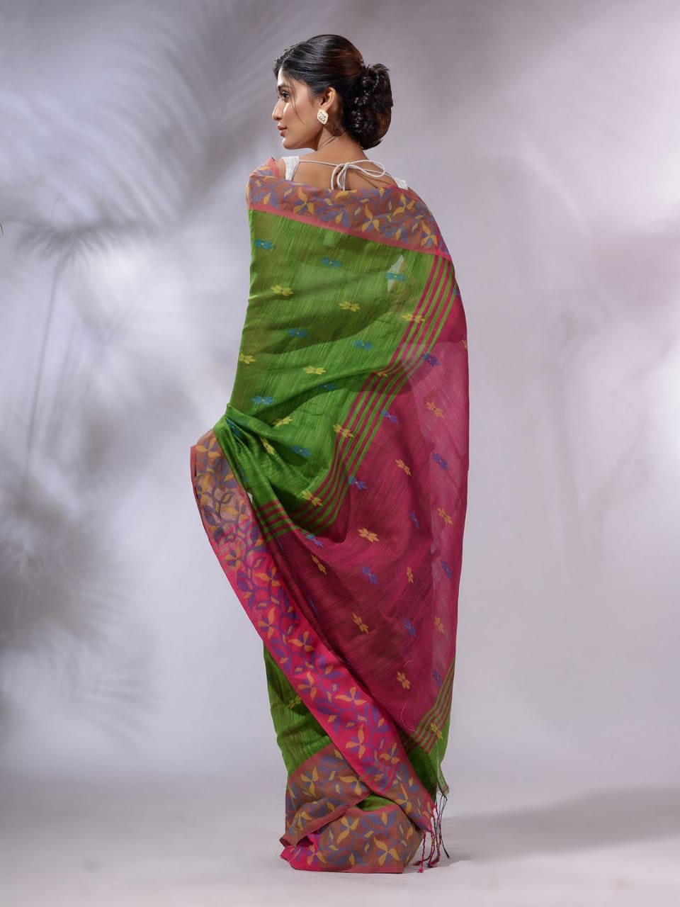 MySilkLove Clover Green and Pink Cotton Saree with Jackqurd Border