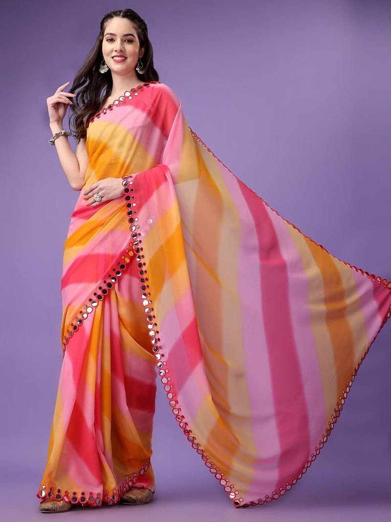 Yellow Purple Bandhej Saree with Zari Border & Rich Pallu