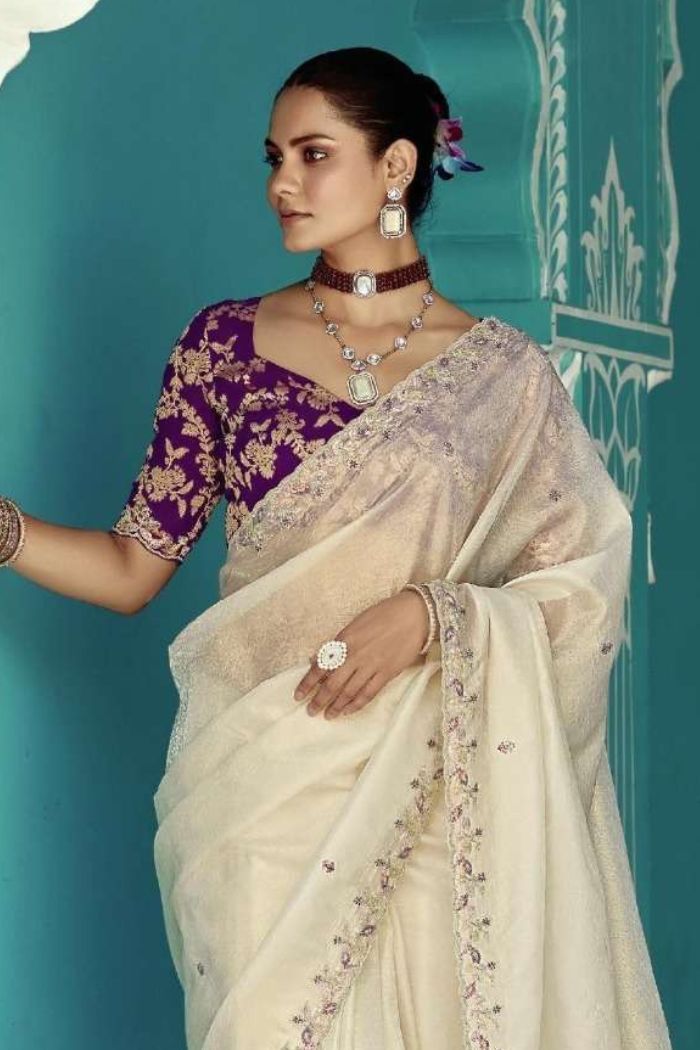 MySilkLove Moon White Embroidered Tissue Designer Saree